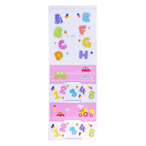 ABC Theme 7 Layer Plastic Wardrobe with Hanging Rod – Kids Storage Cabinet with Colorful Prints & Durable Build